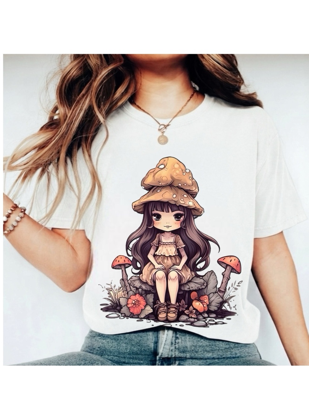 Mushroom Girl Oversized Womens XL Graphic Tee Cute Cottagecore Whimsy T-Shirt